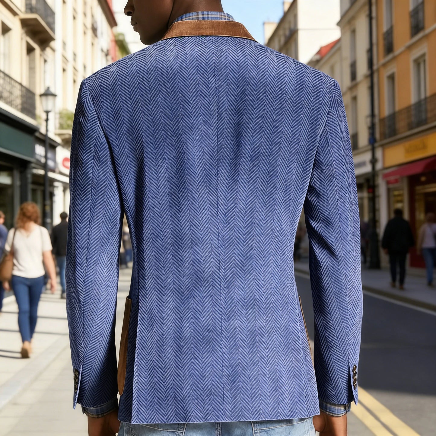 Vintage Men's Herringbone Blazer Casual Patchwork Suede Trim Notched Collar Suit Jacket Slim Fit Fashion Business Sport Coat