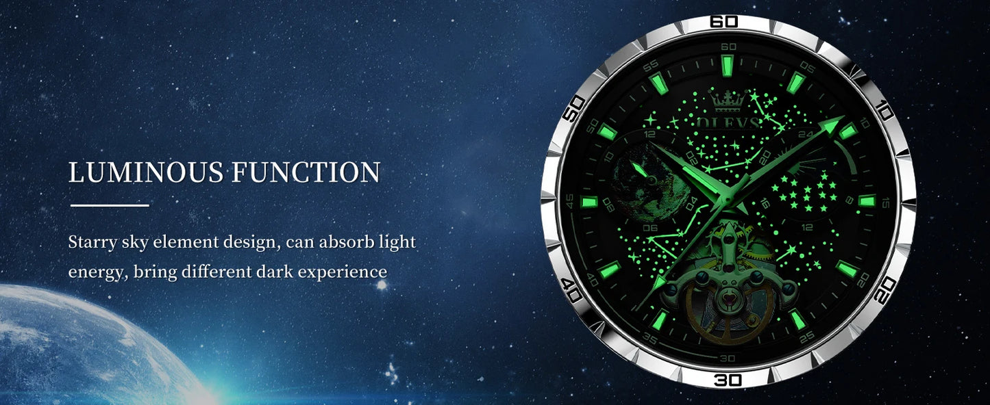 OLEVS Men's Watches Waterproof Multifunctional Luminous Fully Automatic Mechanical Watch Moon Phase Starry Original TOP Brand