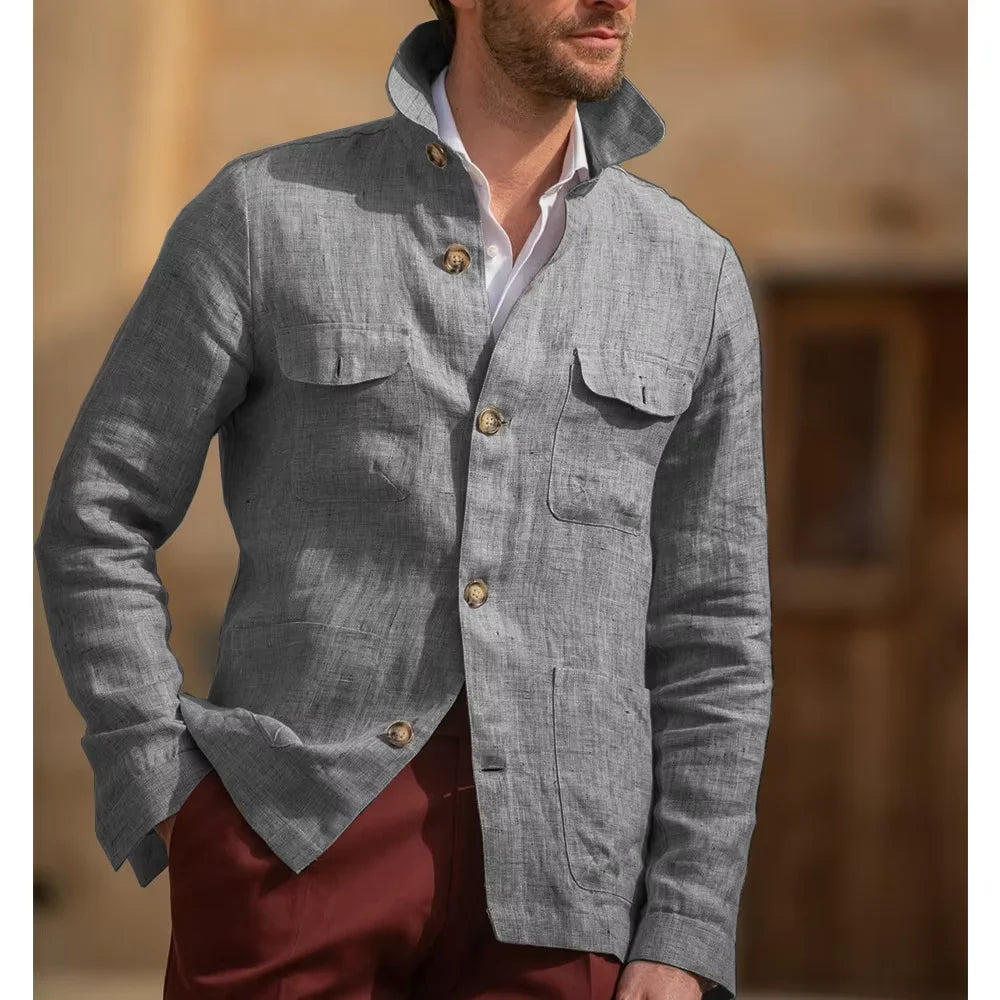 Men's Linen Safari Jacket Vintage Stand Collar Breathable Multi-Pocket Lightweight Casual Blazer Cotton Linen Blend For Summer