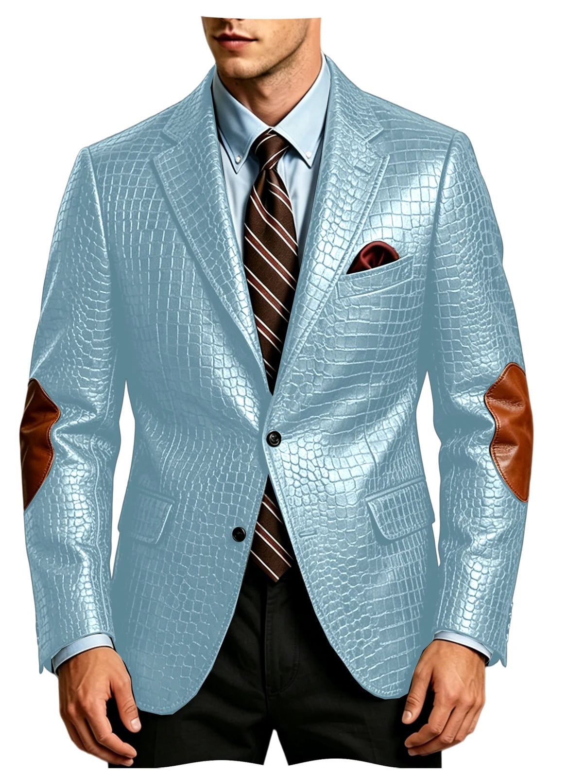 Luxury Men's Crocodile Embossed Leather Blazer Notched Lapel Elbow Patches 2 Button Slim Fit Jacket Business Casual For Wedding