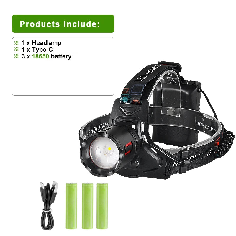 2026 Super Bright LED Headlamp Powerful  3*18650 Battery Rechargeable Projector Head Light Fishing Camping Zoom Head Lanterns