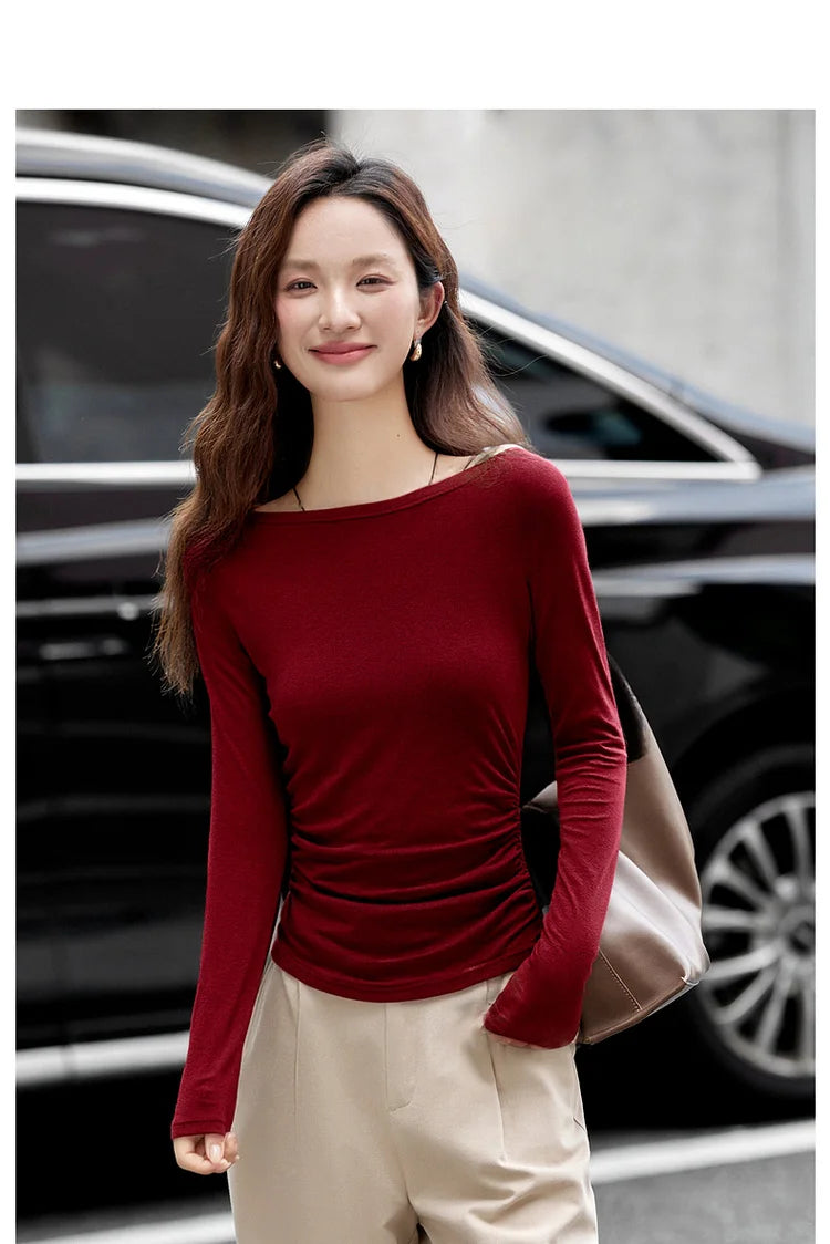 VIMLY Tops Woman 2026 Spring Fall Slash Neck Long Sleeve Ladies T-shirts Casual Knitted Slim Fit Strecth Female Tees A3039