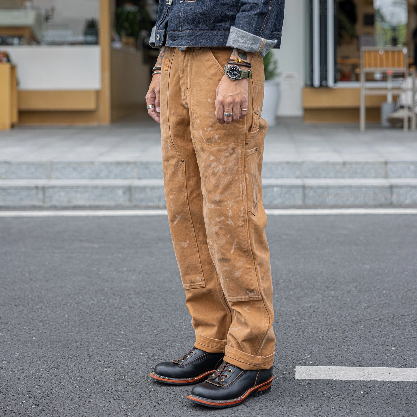 Red Tornado Paint Splatter Distressed Work Pants Vintage Men's Double Knee Heavy Canvas Carpenter Trousers