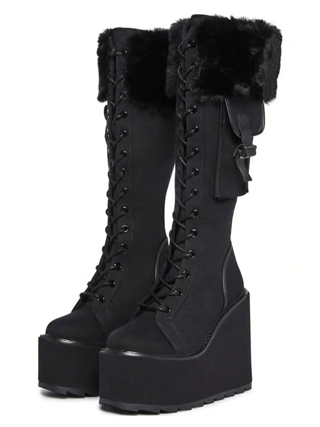Punk Gothic Women Combat Boots Chunky Wedges Heel Fur Mid Calf Platform Luxury Winter Halloween Shoes Woman
