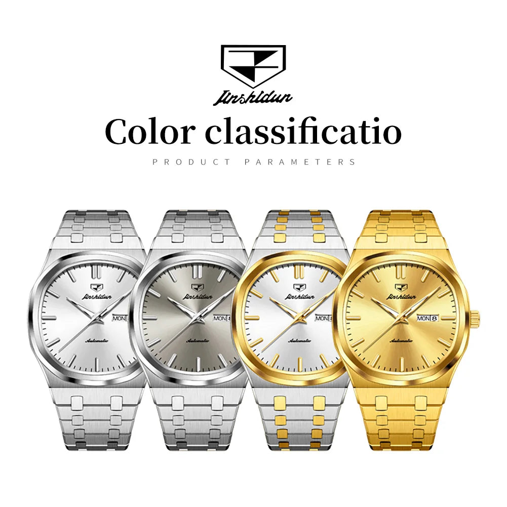 JSDUN 8966 Full Gold Watch for Men Automatic Mechanical Dual Calendar Display Waterproof Night light Man Wristwatch
