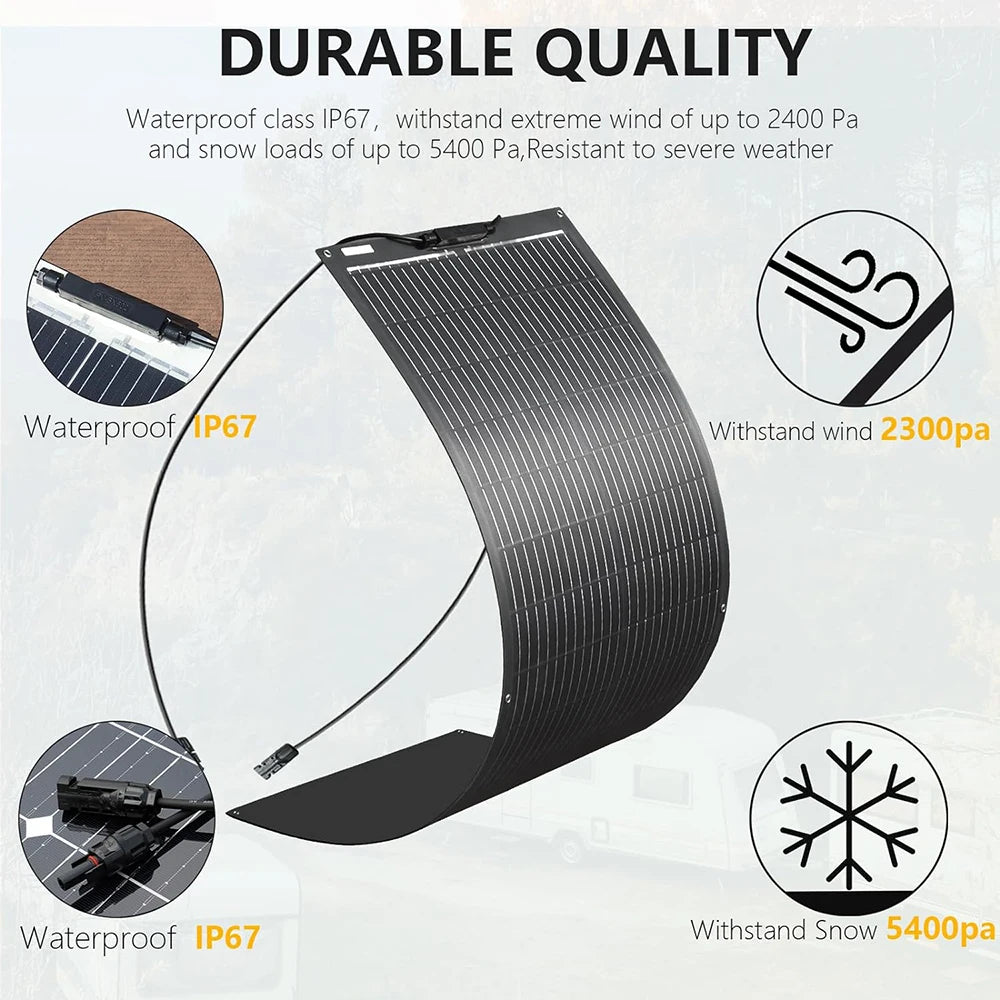 Portable Flexible Solar Panel 100W 16.5V Mono Cell for RV Camping Home Boat Curve Surface Durable Bendable 12V Solar Battery