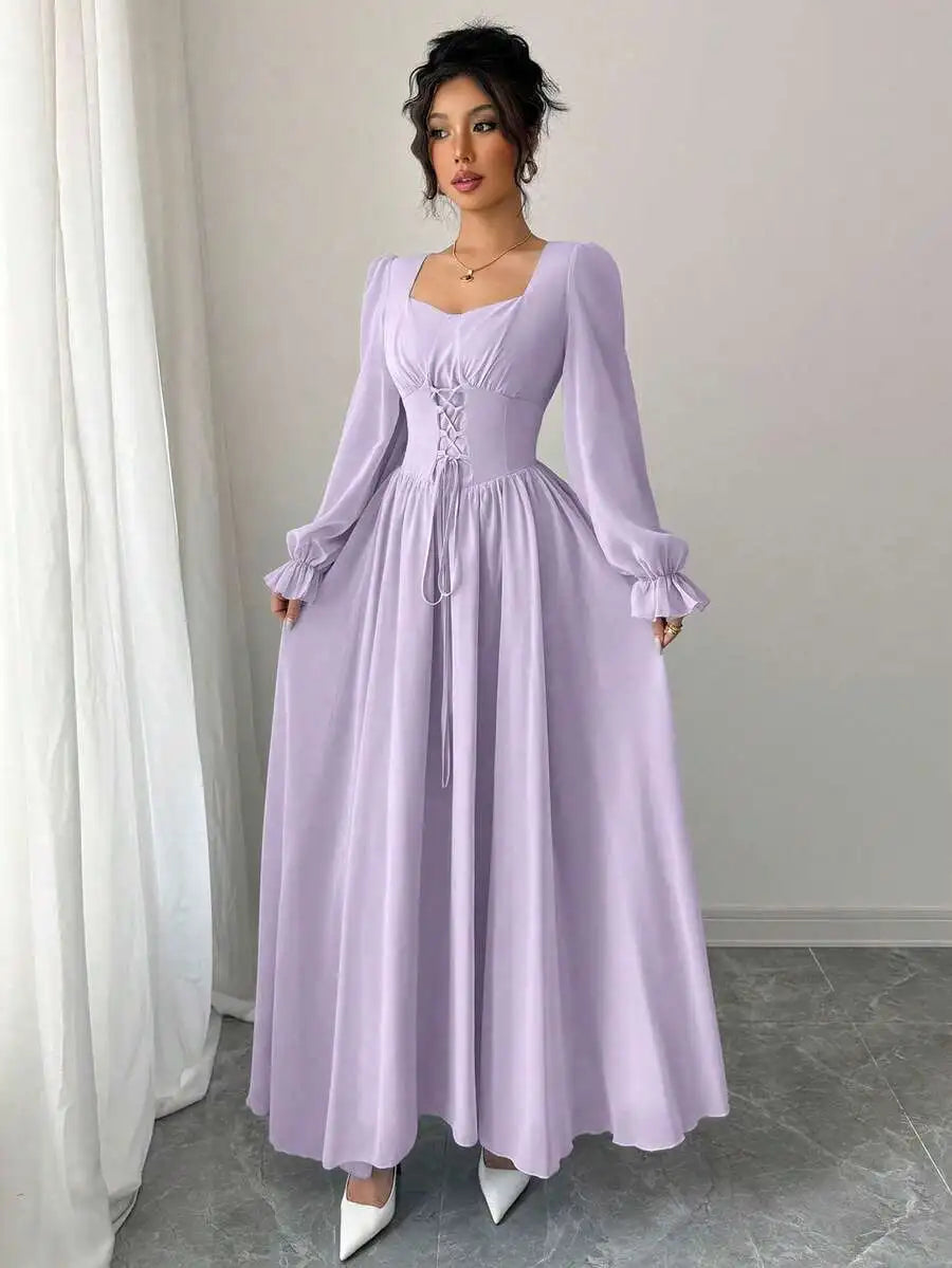 Elegant Blue Long Sleeve Maxi Dress with Corset Lace-Up Waist, Square Neck, Ruffled Cuffs for Spring Summer Events