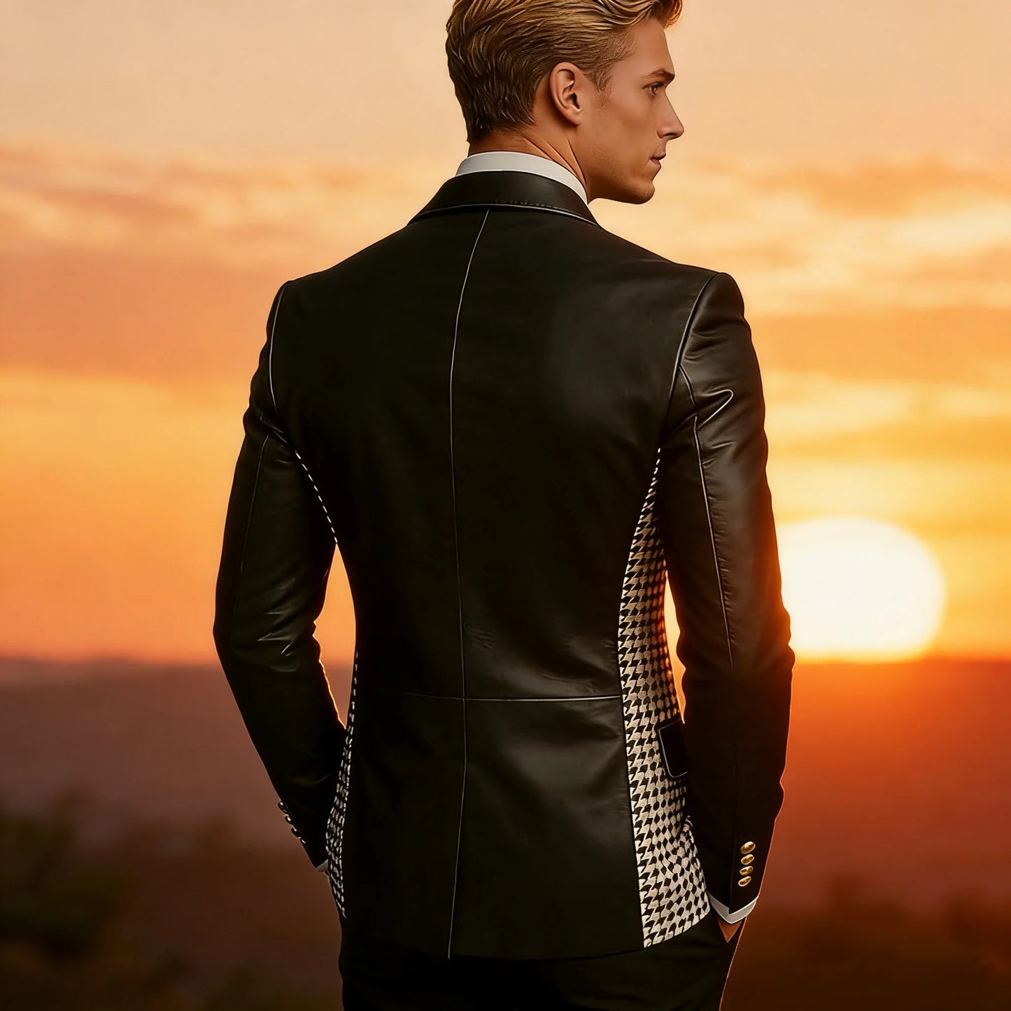 Men’s Brown Leather Blazer With Houndstooth Sides Vintage Two-Tone Double Breasted Slim Fit Gold Buttons Leather Tuxedo Jacket
