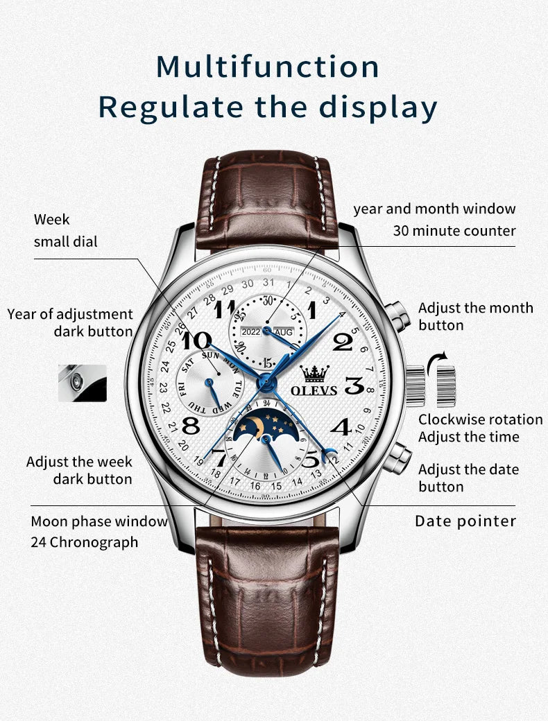 OLEVS Original Men's Automatic Wristwatch Moon Phase Calendar Waterproof Stainless Steel Leather Strap Mechanical Watch for Men