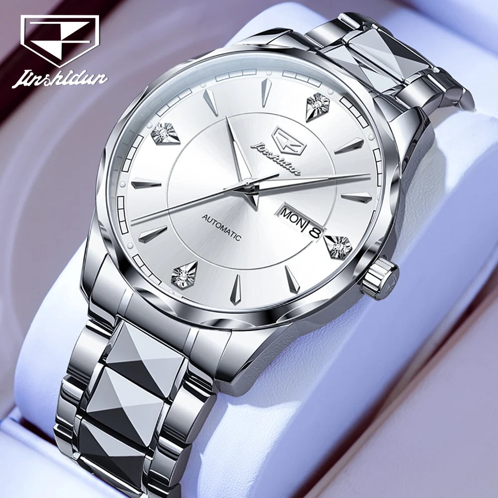 JSDUN High End Men's Watches Auto Calendar Week Tungsten steel Sapphire Mirror Automatic Mechanical Watch for Men Luxury Brand