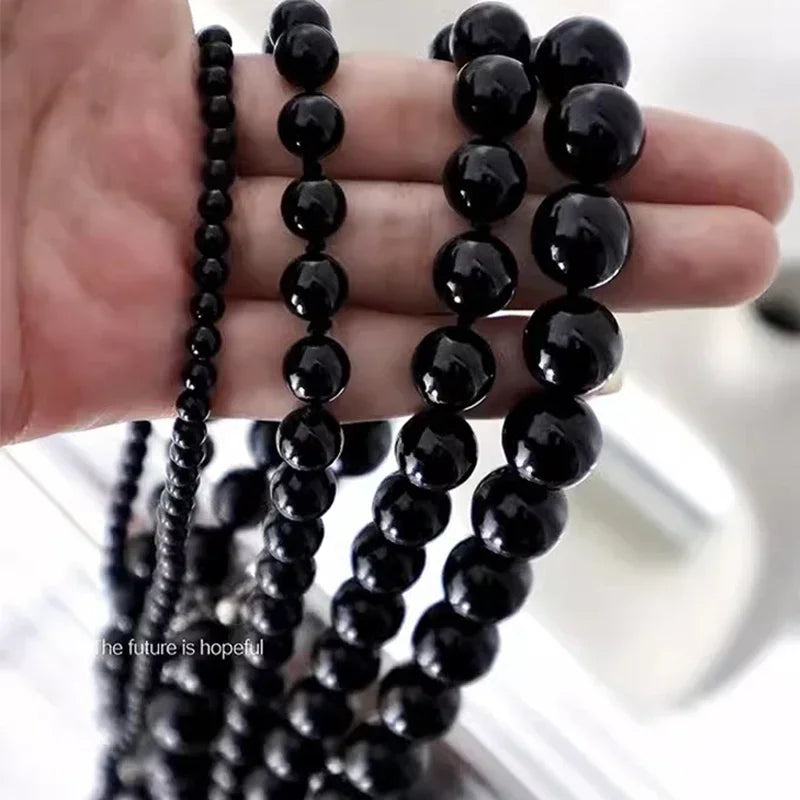 Fashion Punk Smooth Black Round Beads String Necklace for Women Men Unisex Acrylic Beads Choker Jewelry on The Neck Collar Gift