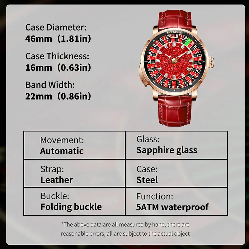 Fashion Business Noble Red PINDU Top Men's Mechanical Watch NH35A Push Button Gambling Table Roulette Game Watch Sapphire Watch