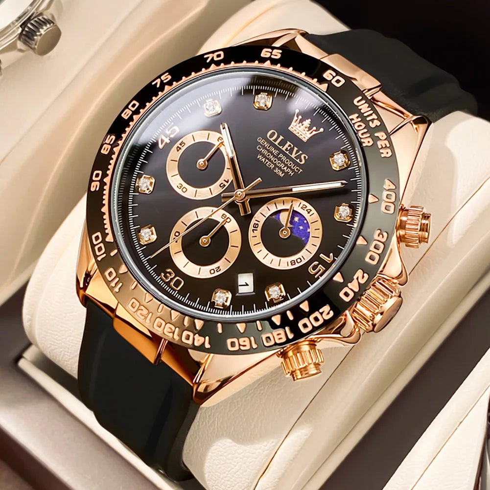 OLEVS Watches for Men Chronograph Analog Quartz Watch Moon Phase Silicone Diamond Waterproof Luminous Quartz Wrist Watches