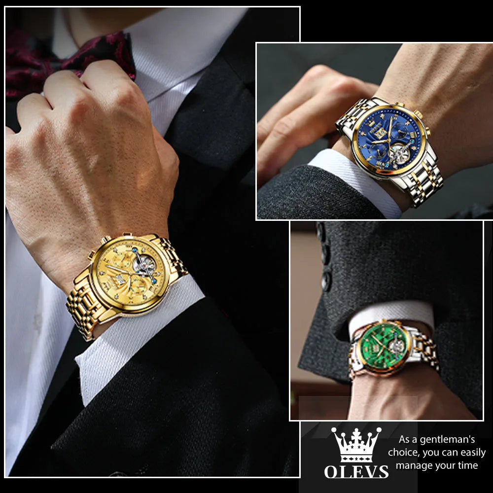 OLEVS Mechanical Watches Automatic Watch Men Waterproof Stainless Steel Strap Skeleton Gold Watch Male Wristwatch