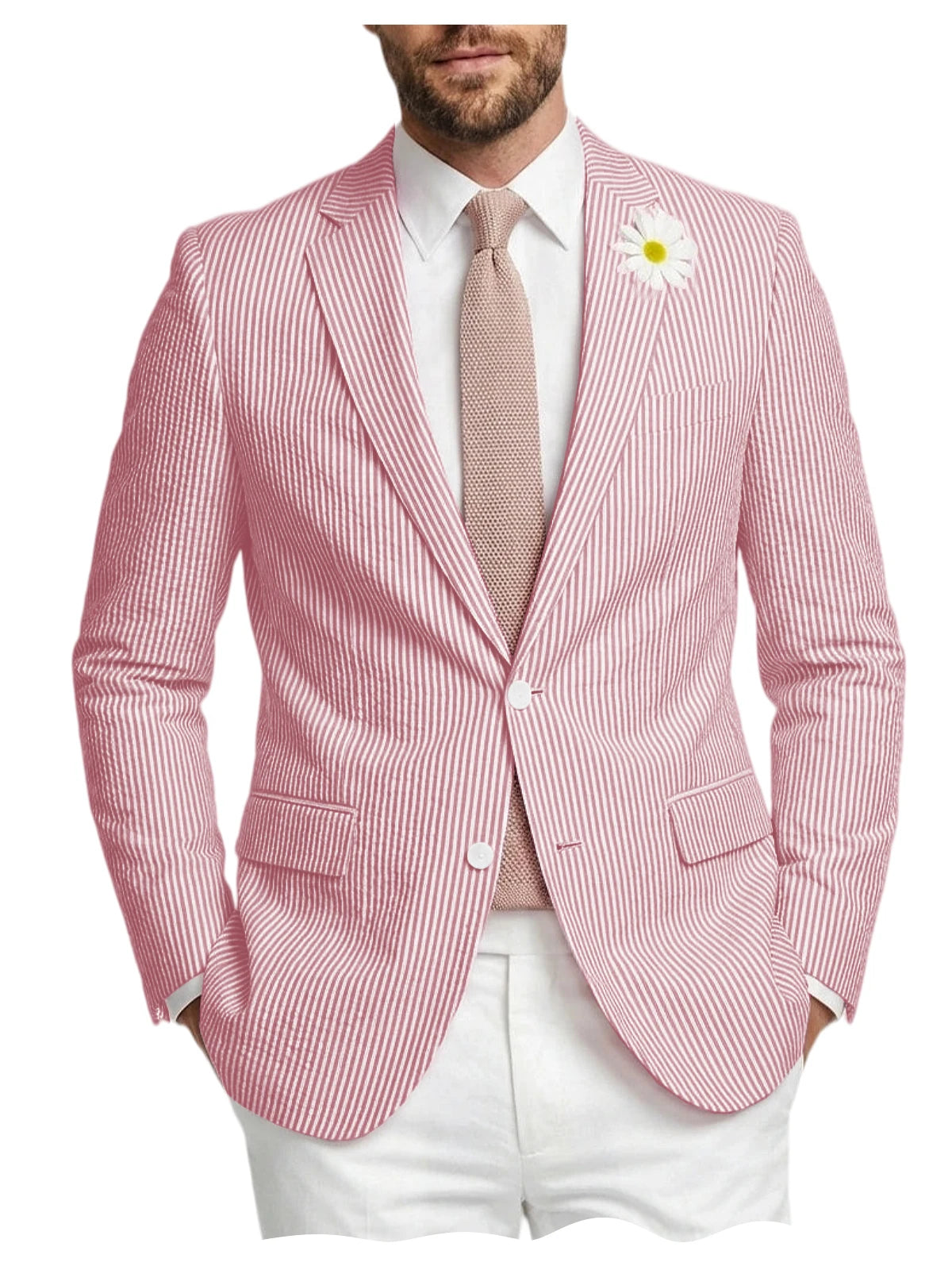 Men's Striped Seersucker Blazer Notch Lapel Slim Fit Suit Jacket Summer Lightweight Business Casual Sport Coat for Wedding Party