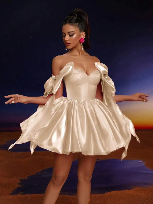 Elegant Off-Shoulder Satin Bowknot Mini Dress for Prom, Party, Wedding Guest
