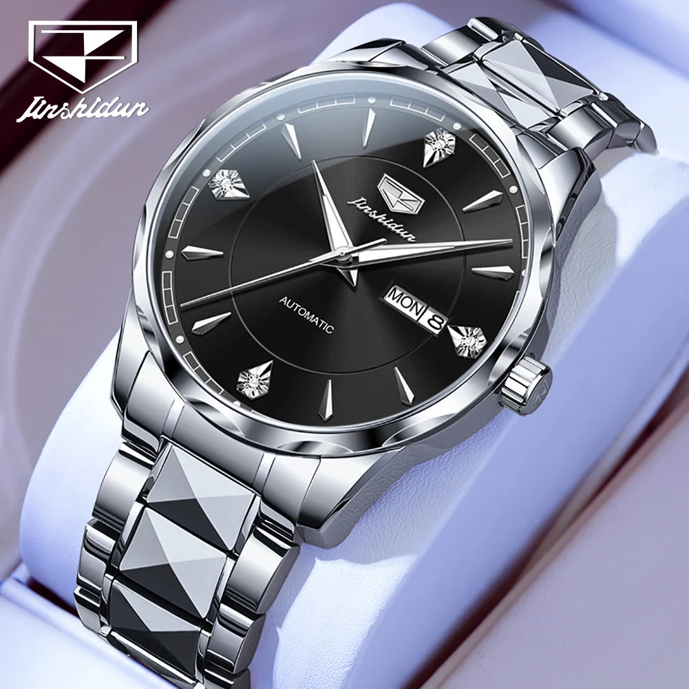 JSDUN High End Men's Watches Auto Calendar Week Tungsten steel Sapphire Mirror Automatic Mechanical Watch for Men Luxury Brand