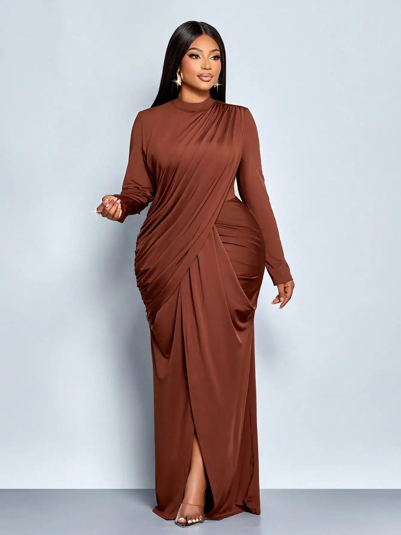 Plus Size Long Sleeve Maxi Dress with High Slit and Draped Detail, Burgundy Formal Evening Gown for Parties or Graduation