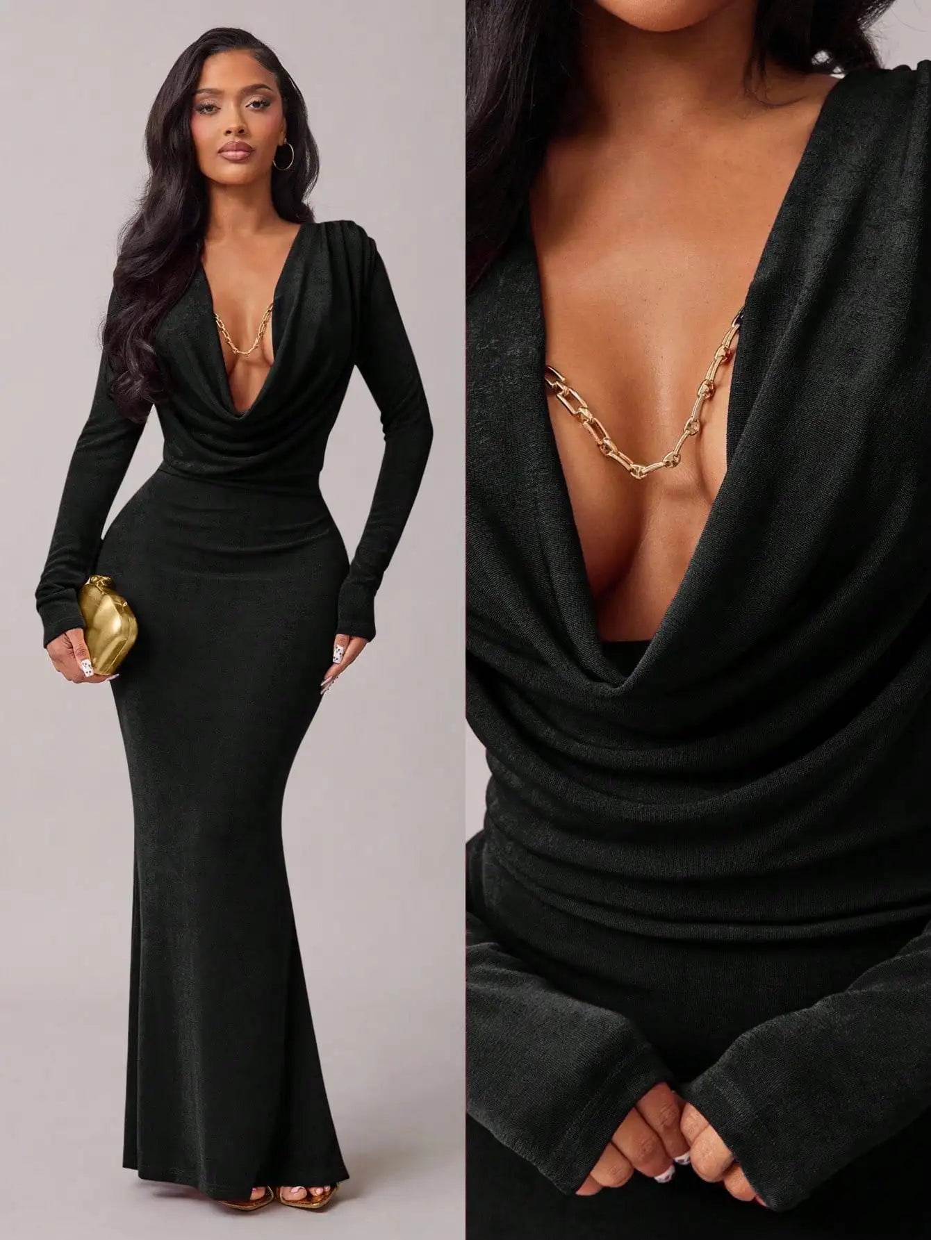 Burgundy Draped V-Neck Long Sleeve Fishtail Maxi Dress for Women - Elegant Party, Date & Formal Occasions