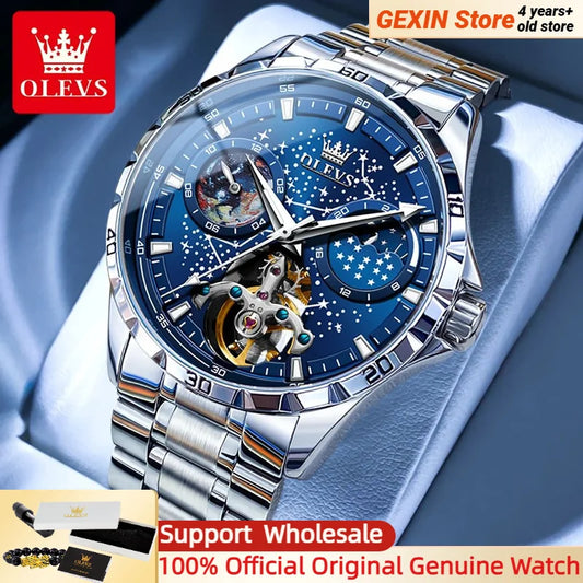 OLEVS Men's Watches Waterproof Multifunctional Luminous Fully Automatic Mechanical Watch Moon Phase Starry Original TOP Brand