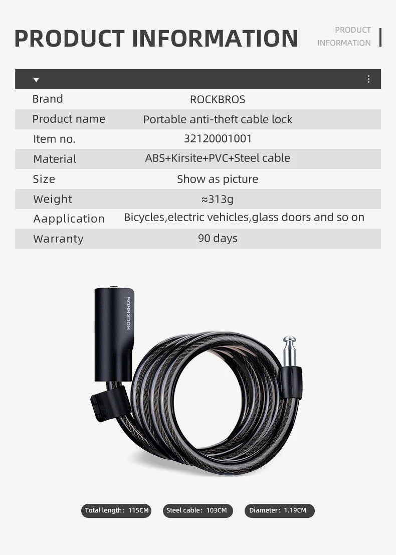 ROCKBROS Bicycle Lock Portable Anti-theft Zinc Alloy Chain Lock MTB Road Cycling Motorcycle Electric Scooter Bike Accessories