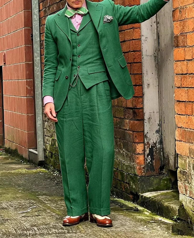 Vintage Men's Linen Suit 3 Piece Peak Lapel Linen Blazer Vest Wide Leg Pants Summer Lightweight Formal Set For Beach Wedding Pro