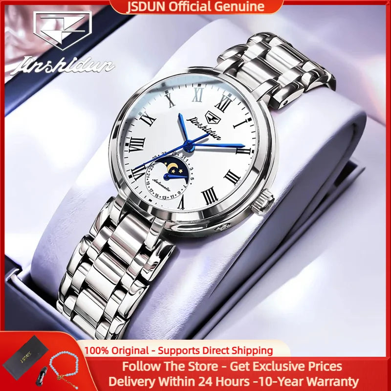 JSDUN 8981 Luxury Elegant Women's Mechanical Watch Classic Waterproof Roman Scale Automatic Women Moonphase Watch Dress Watch