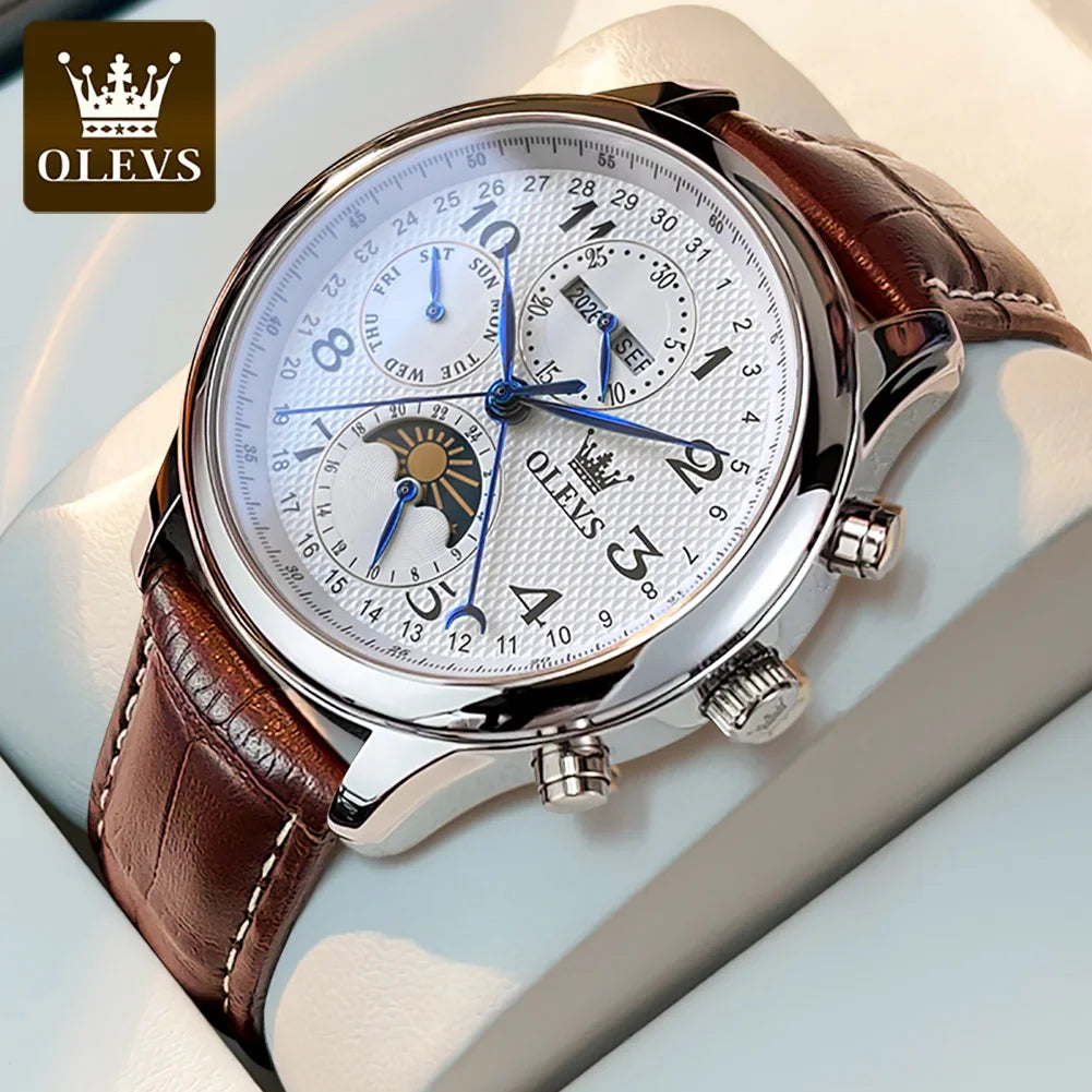 OLEVS Original Men's Automatic Wristwatch Moon Phase Calendar Waterproof Stainless Steel Leather Strap Mechanical Watch for Men