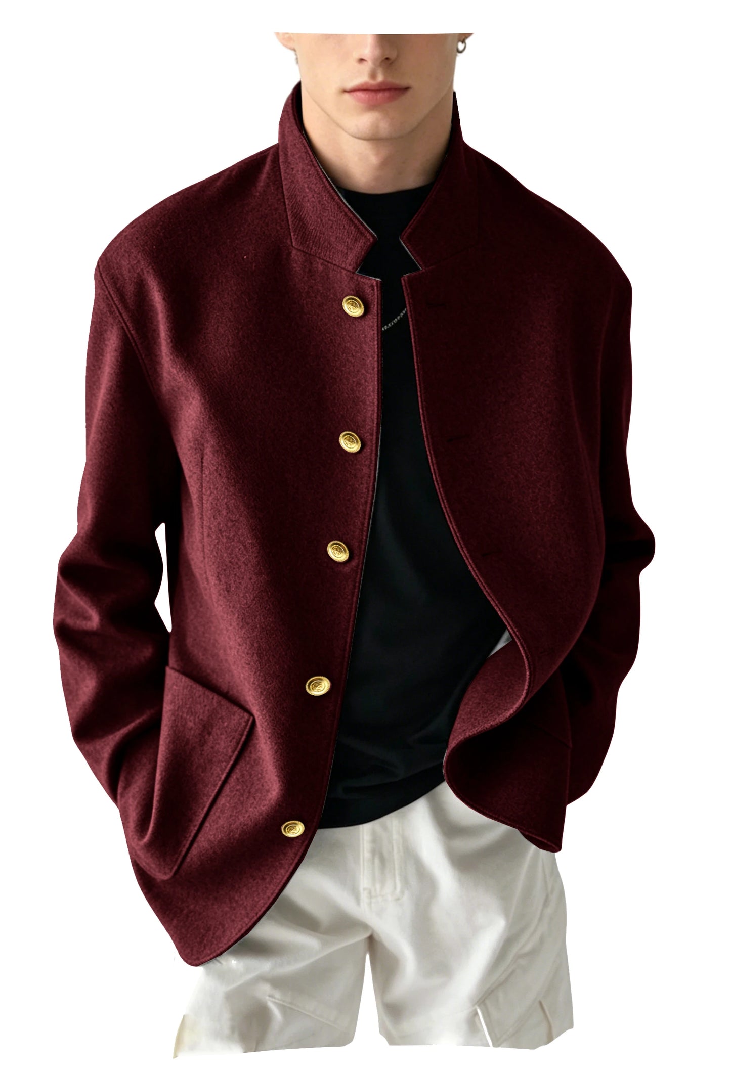 Vintage Men's Stand Collar Jacket Wool Blend Casual Coat Warm Autumn Winter Business Blazer Plus Size Streetwear Outerwear