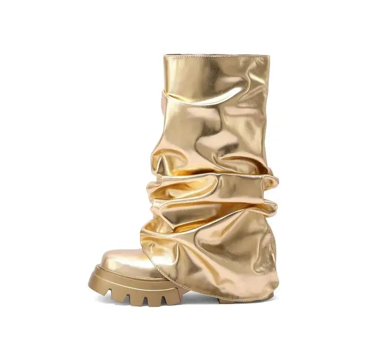 New Luxury Round Toe Chunky Heel Folding  Ladies Boots Fashion Street Shoot INS Metallic Nightclub Boots Woman
