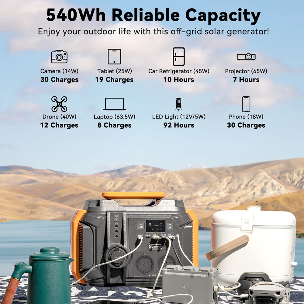 FF Flashfish A501 Portable Power Station 540Wh Lithium Batteries 500W Solar Generator 100W Solar Panel Complete Kit System Set