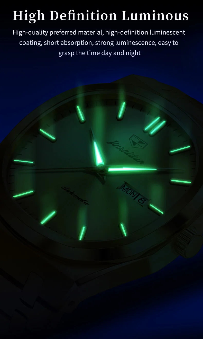 JSDUN 8966 Full Gold Watch for Men Automatic Mechanical Dual Calendar Display Waterproof Night light Man Wristwatch
