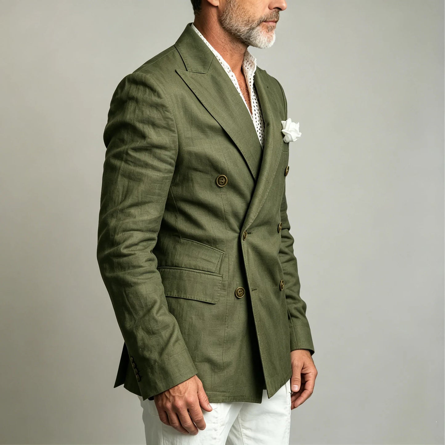 Men's Chic Peak Lapel Linen Blazer Double Breasted Slim Fit Formal Suit Jacket Summer Business Wedding Party Beach Daily Coat