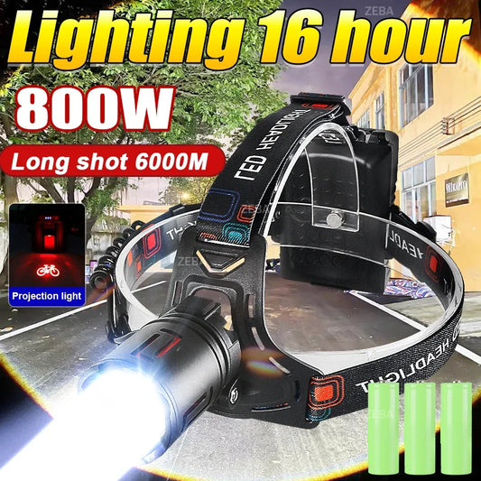 2026 Super Bright LED Headlamp Powerful  3*18650 Battery Rechargeable Projector Head Light Fishing Camping Zoom Head Lanterns