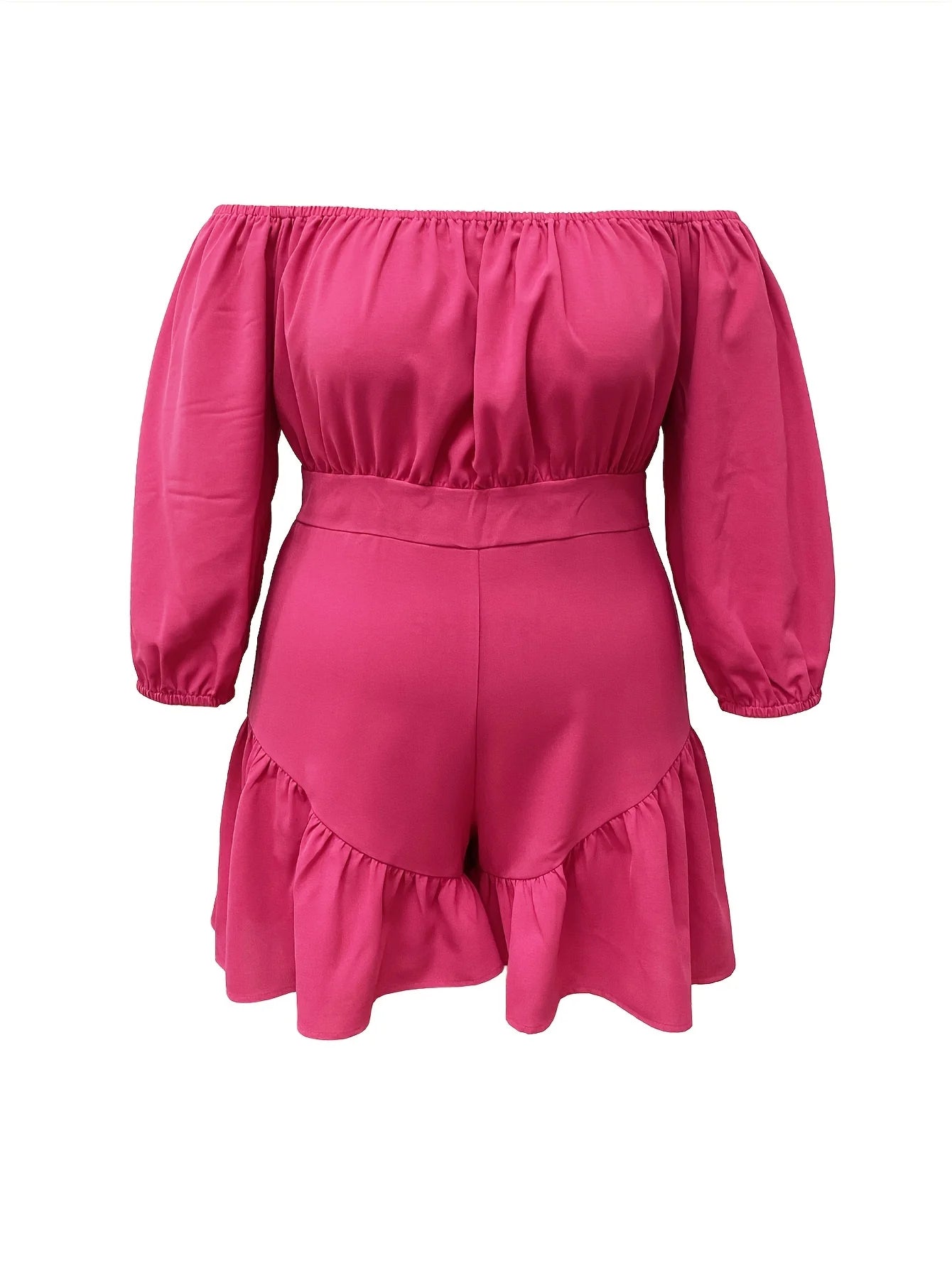 Rose Red Casual Off-the-shoulder Three-quarter Sleeve Ruffle Fitted Holiday Jumpsuit