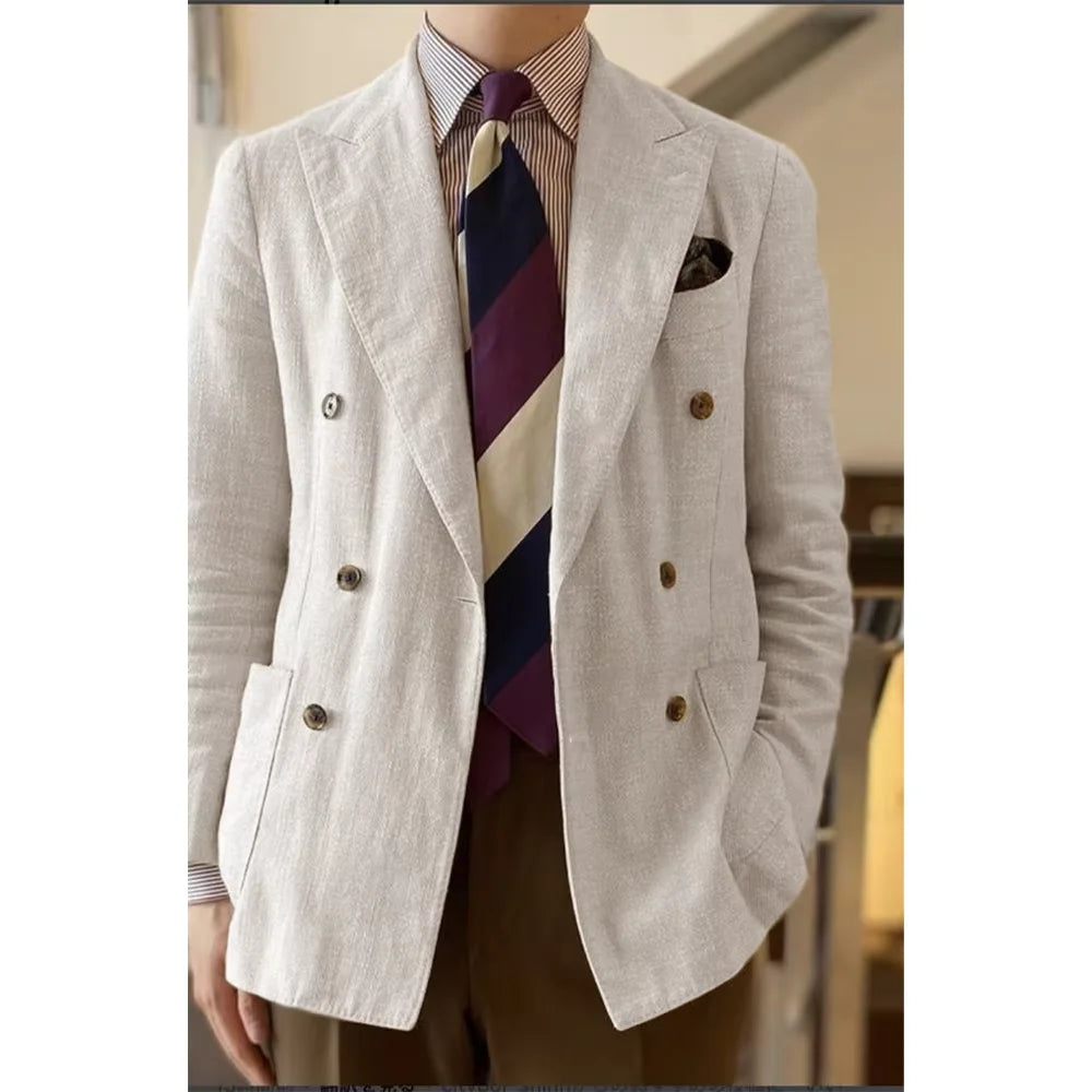 Elegant Men's Linen Blazer Double Breasted Peak Lapel Breathable Lightweight Fashion Casual Jacket Old Mmoney Aesthetic Business