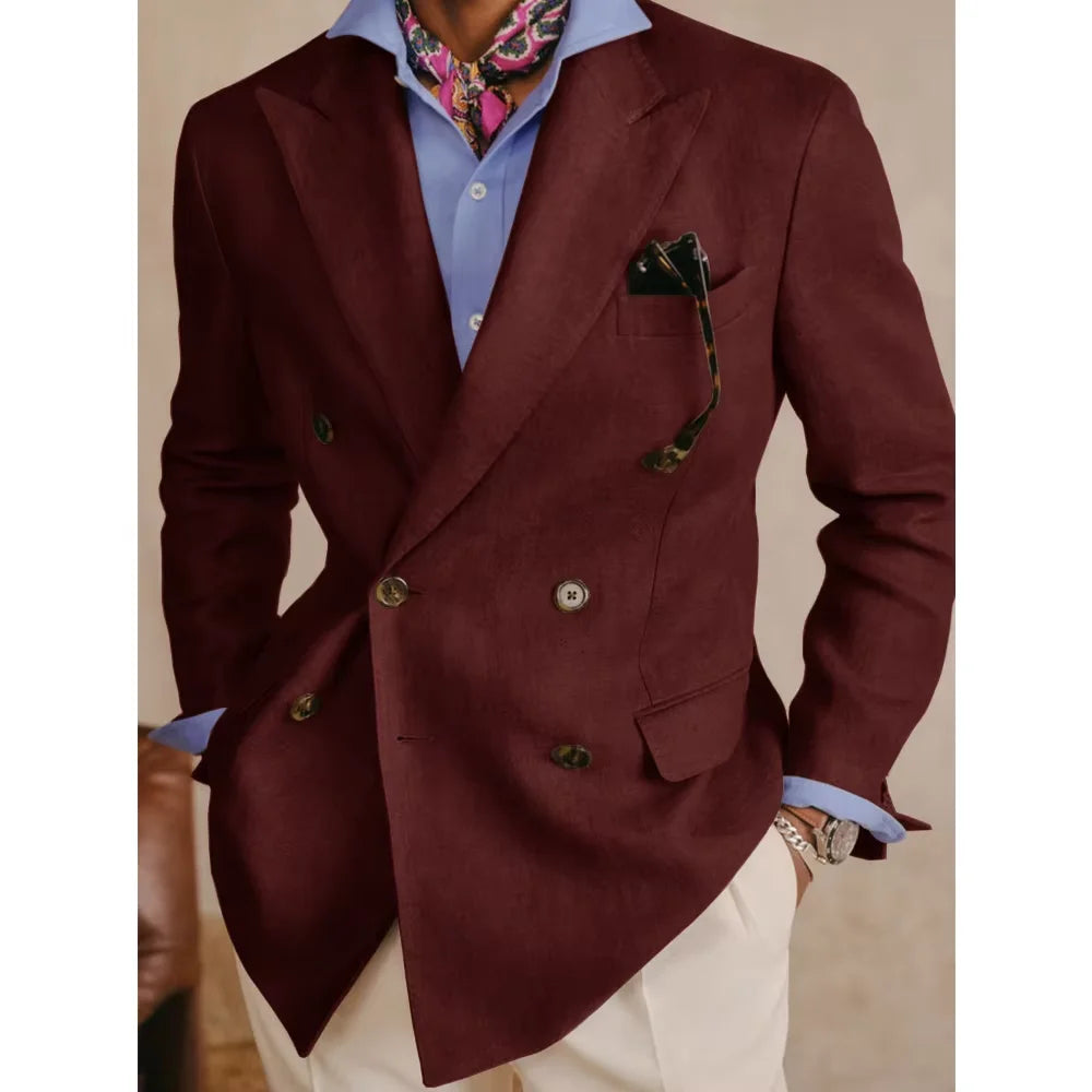 Men's Cotton Linen Blazer Vintage Double Breasted Slim Fit Peak Lapel Breathable Lightweight Summer Formal Jacket Business Casua