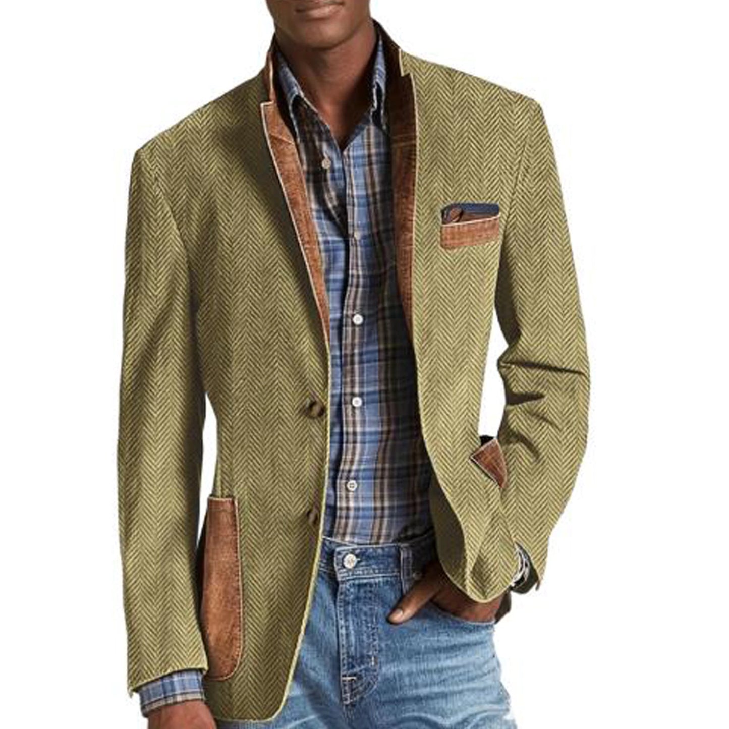 Vintage Men's Herringbone Blazer Casual Patchwork Suede Trim Notched Collar Suit Jacket Slim Fit Fashion Business Sport Coat