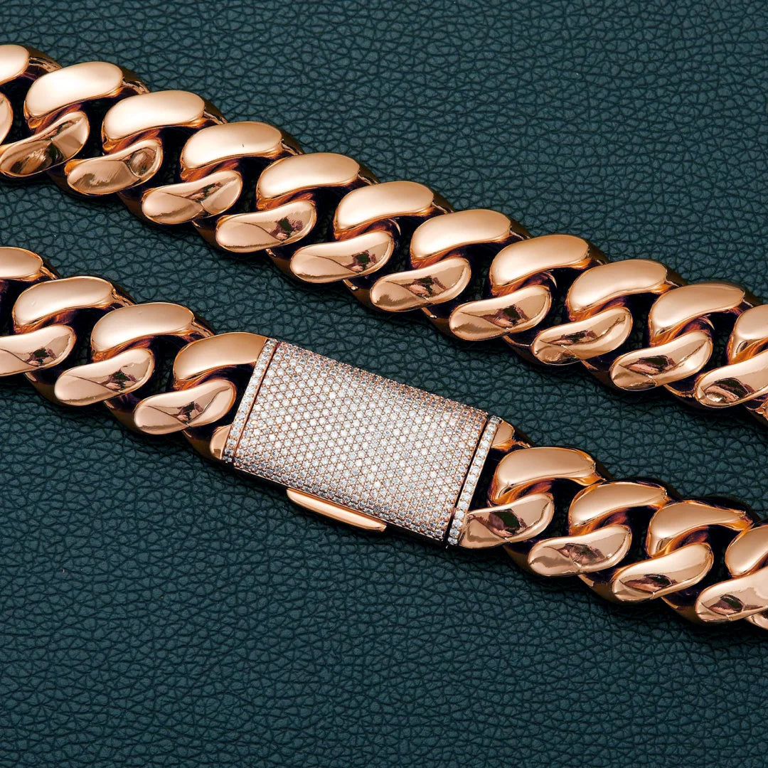 14-22mm Rose Gold  Stainless Steel Cuban Miami Link Chain Iced Out CZ Box Clasp Necklace Fashion Hip Hop Unisex Jewelry (1PC)