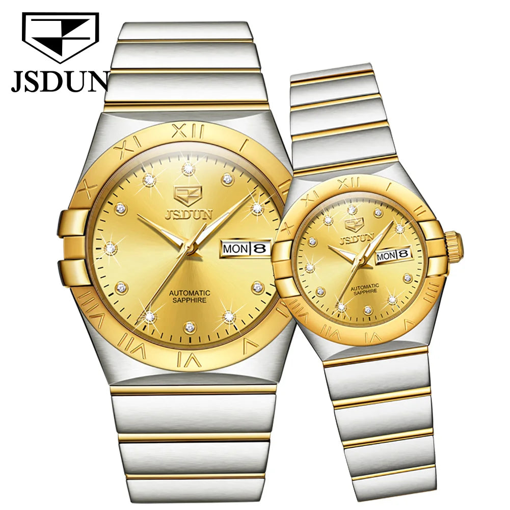 JSDUN Automatic Couple Watches Japan Movement Sapphire Mirror 100M Waterproof Luxury Diamond Gold Watch Lover's Watch Set Gift