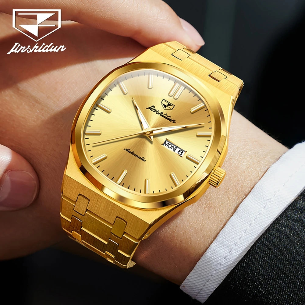 JSDUN 8966 Full Gold Watch for Men Automatic Mechanical Dual Calendar Display Waterproof Night light Man Wristwatch