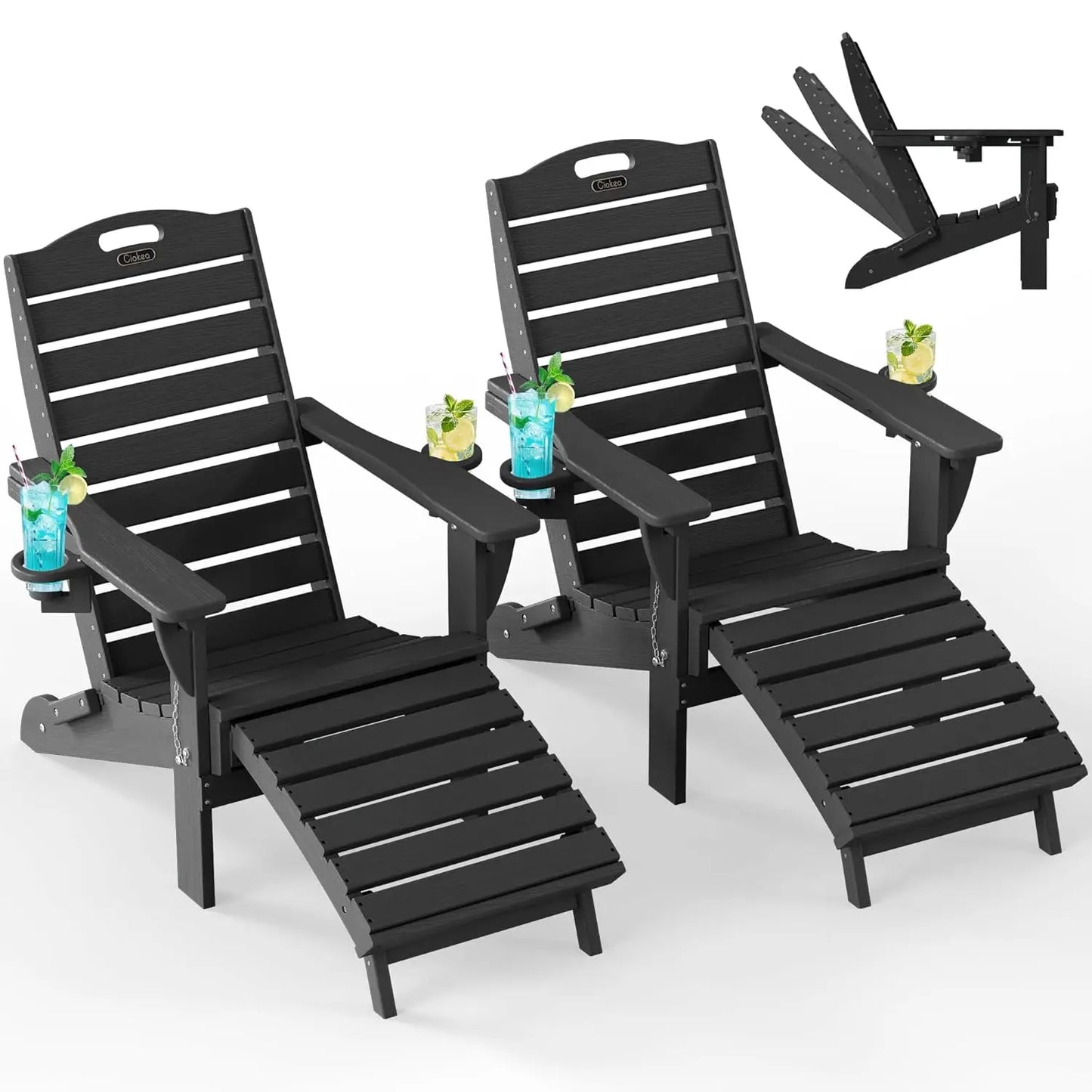 Folding Adirondack Chair Set of 2, Retractable Ottoman & Pull-Out Footrest, Weather Resistant for Fire Pit Lawn Outdoor , Custom
