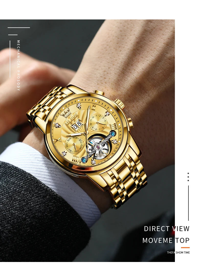OLEVS Mechanical Watches Automatic Watch Men Waterproof Stainless Steel Strap Skeleton Gold Watch Male Wristwatch