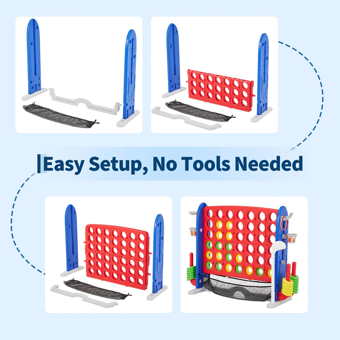 4-in-1 Giant Connect Game Set Adjustable Height, Basketball Hoop, Ring Toss and Net Jumbo Outdoor Yard Game for Families Events