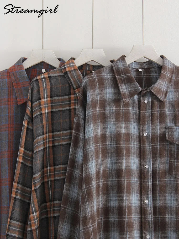 Streamgirl Oversized Plaid Shirt Women 2026 Spring Loose Vintage Long Shirts Full Sleeve Women Plaid Brown Oversized Shirt Blue