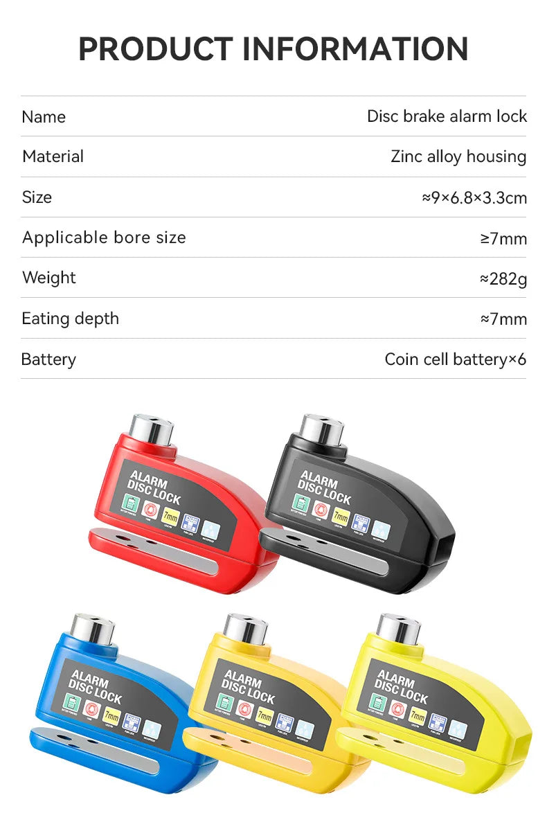 Motorcycle Alarm Lock Bike Disc Lock Warning 130DB Security Alloy Anti Theft Waterproof Brake Rotor Padlock Disc Brake Lock