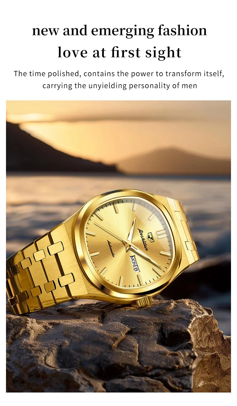 JSDUN 8966 Full Gold Watch for Men Automatic Mechanical Dual Calendar Display Waterproof Night light Man Wristwatch