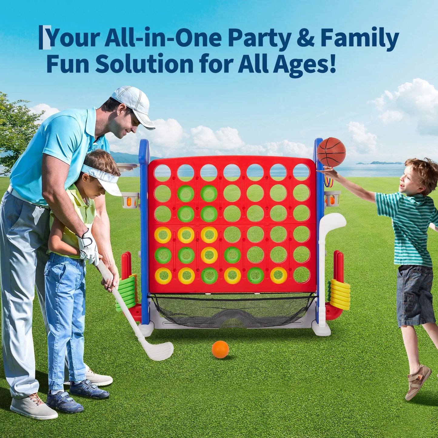 4-in-1 Giant Connect Game Set Adjustable Height, Basketball Hoop, Ring Toss and Net Jumbo Outdoor Yard Game for Families Events