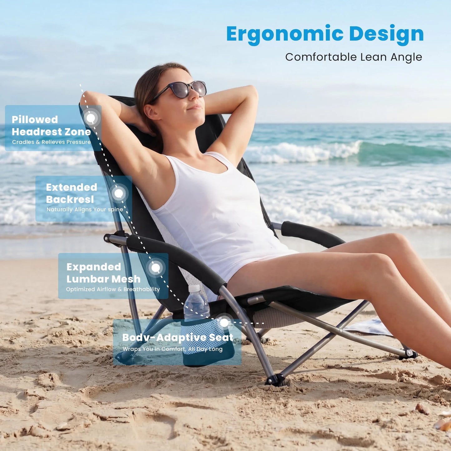 MCQ Outdoor Folding Low Beach Chair Collapsible Padded with Cup Holder Storage Bag Mesh Back Portable Camping Chair for Garden