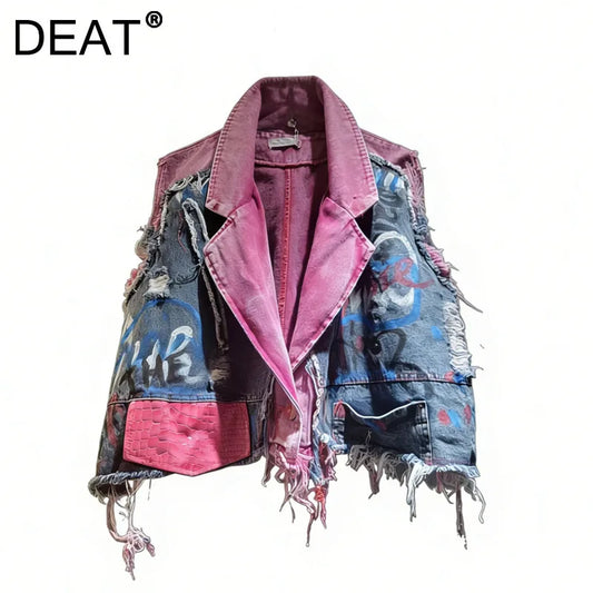 DEAT Women Denim Waistcoat Turn-Down Collar Burrs Edge Tassel Do Old Graffiti Single Button Vest 2026 Spring New Fashion 29A5833